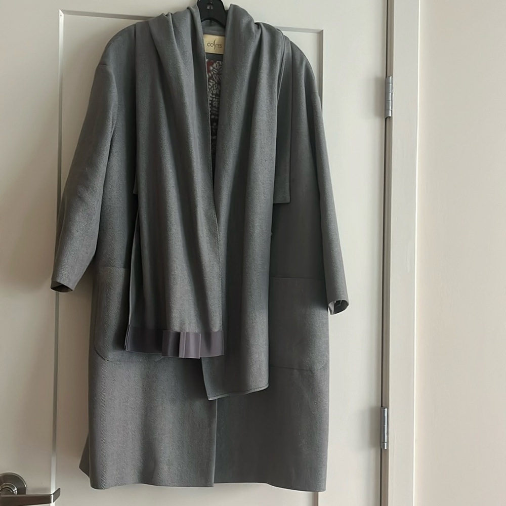 Light grey short coat with matching scarf